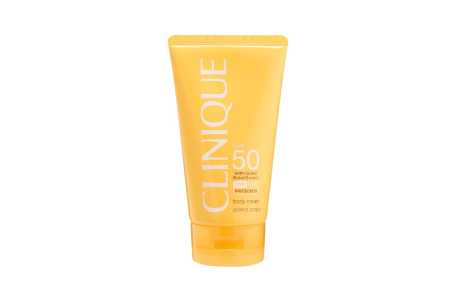 Жёлтый тюбик солнцезащитного крема для тела Clinique SPF50