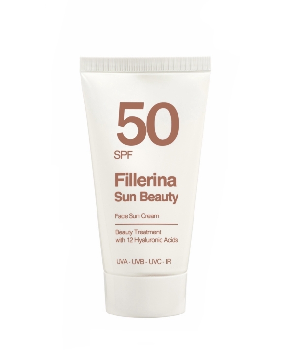 Солнцезащитный крем Fillerina Sun Beauty SPF50 в белом тюбике с бежевой крышкой