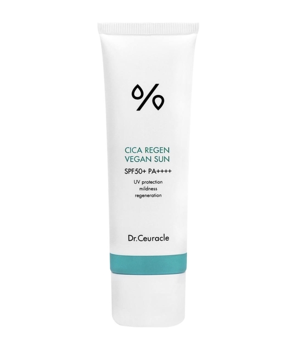 Солнцезащитный крем Dr.Ceuracle Cica Regen Vegan Sun SPF50+ в белом тюбике с бирюзовой полосой